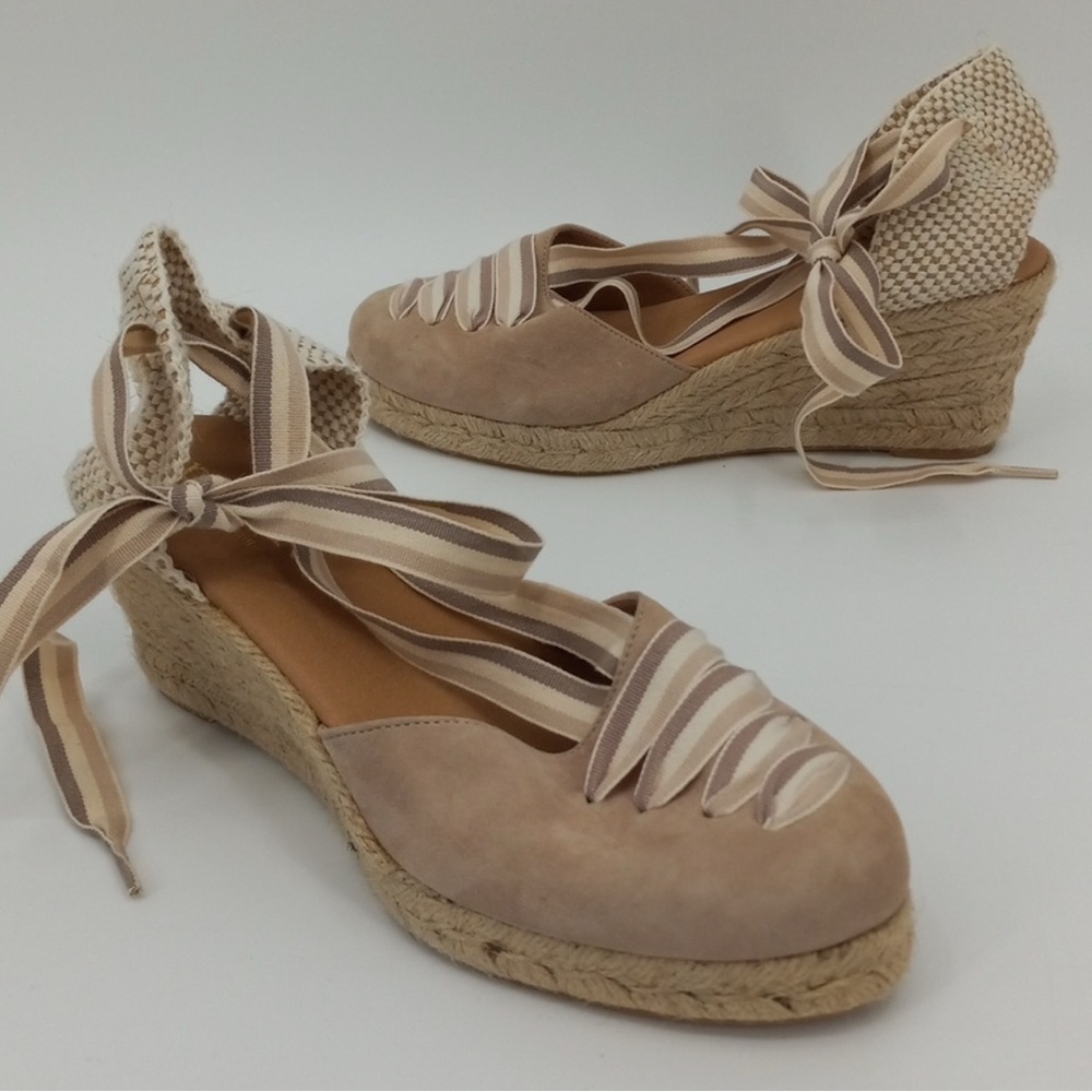 NWOT Paseart Espadrille Wedge Sandals Suede Wraparound Ankle Lace Tie, Tan SZ 8